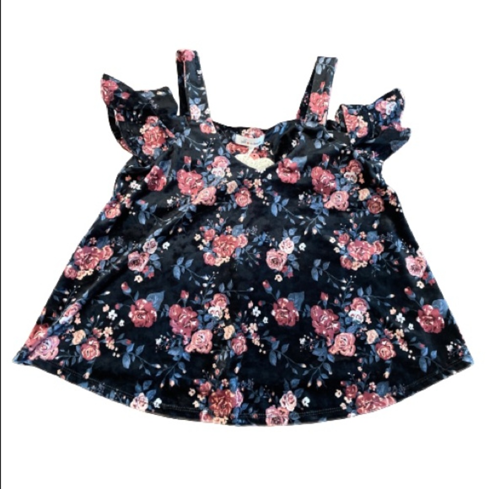 NWT- Self Esteem Black Floral Velvet Cold Shoulder Blouse- Size Medium